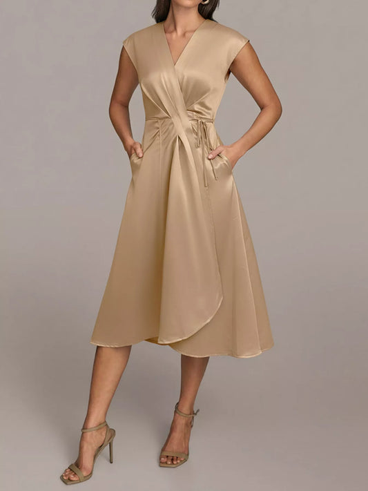 Satin Wrap Midi Dress with Pockets in Beige