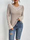 Lace Detail Ribbed V-Neck Long Sleeve Top — Livostyle