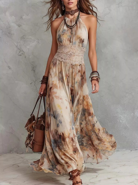 Floral Halter Neck Maxi Dress in Beige