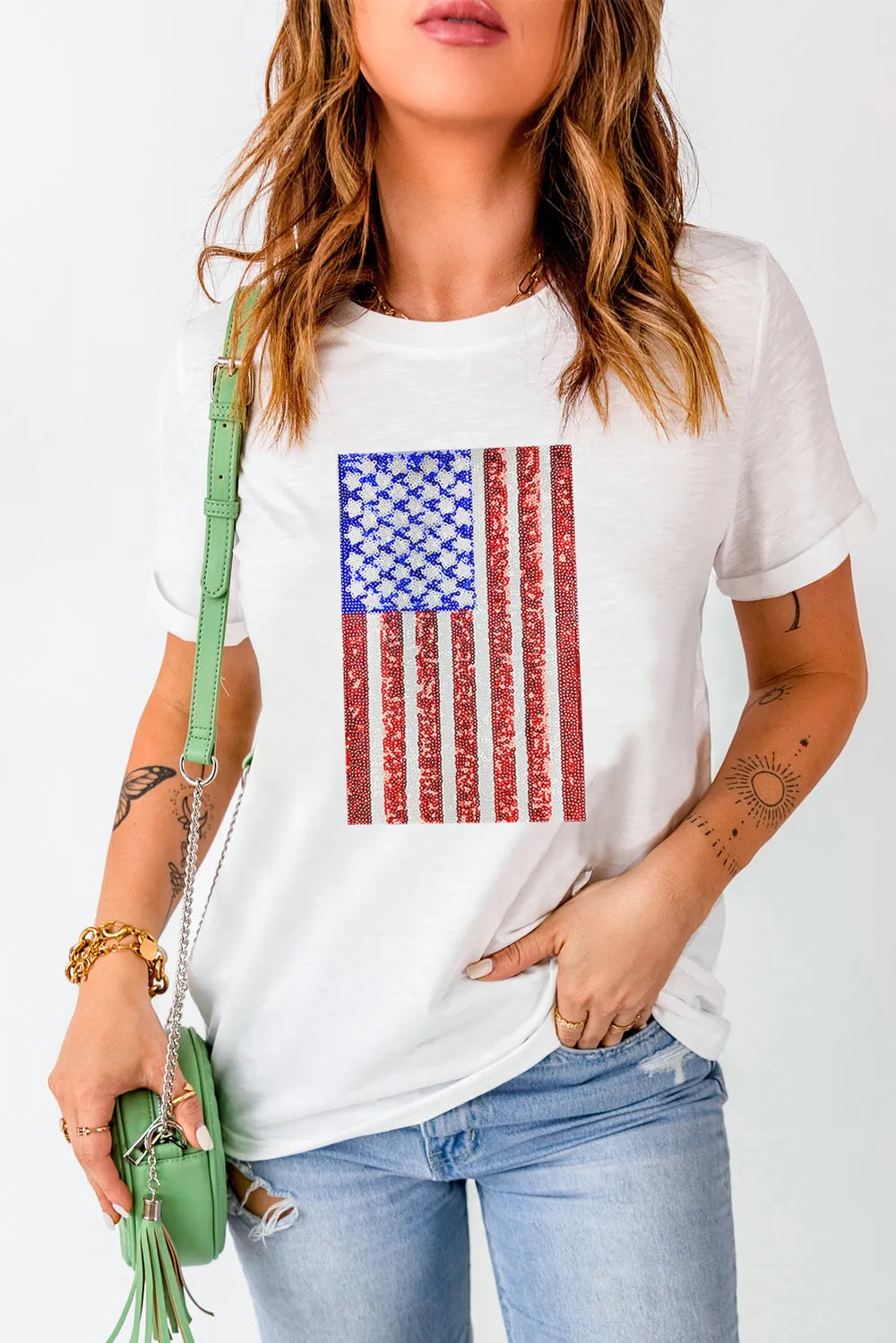 US Flag Round Neck Short Sleeve T-Shirt in White