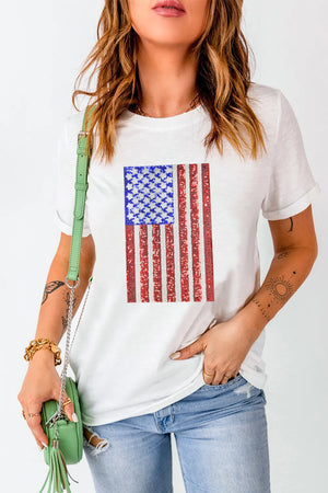 Sequin American Flag Short Sleeve T-Shirt in White