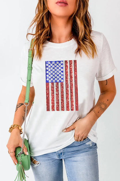 US Flag Round Neck Short Sleeve T-Shirt in White
