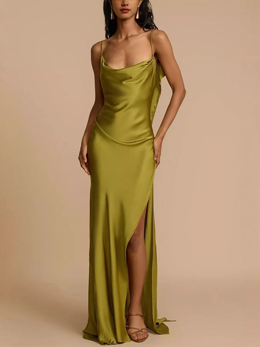 Satin Cowl Neck Slit Maxi Dress in Matcha Color
