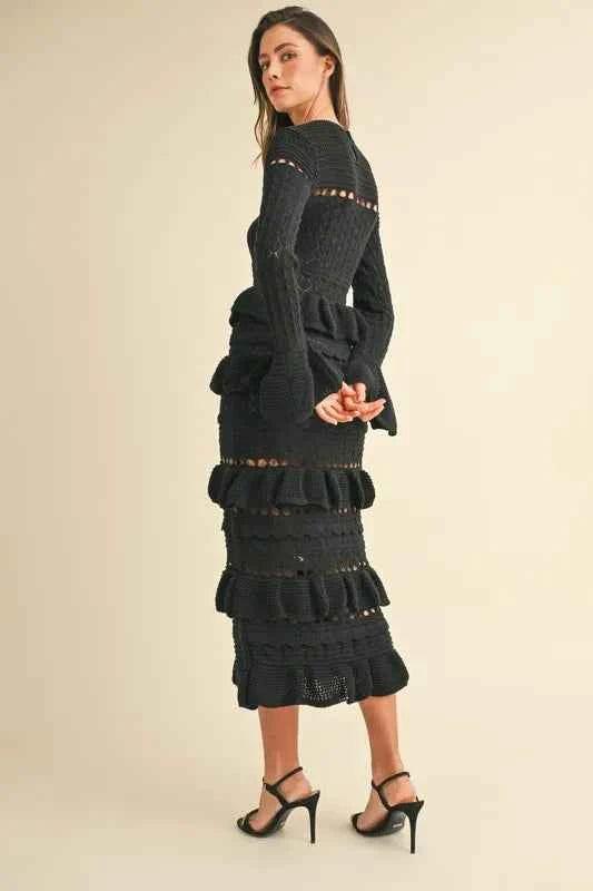 MABLE Long Sleeve Tiered Ruffle Knit Midi Dress