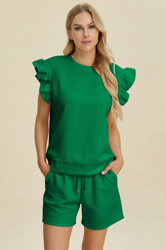 Texture Round Neck Ruffle Sleeve Top and Shorts Set — Livostyle