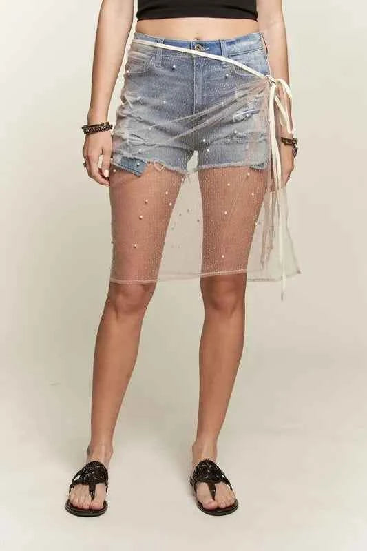 ADORA Pearl Accent Glitter Mesh Layered Cover-Up Skirt