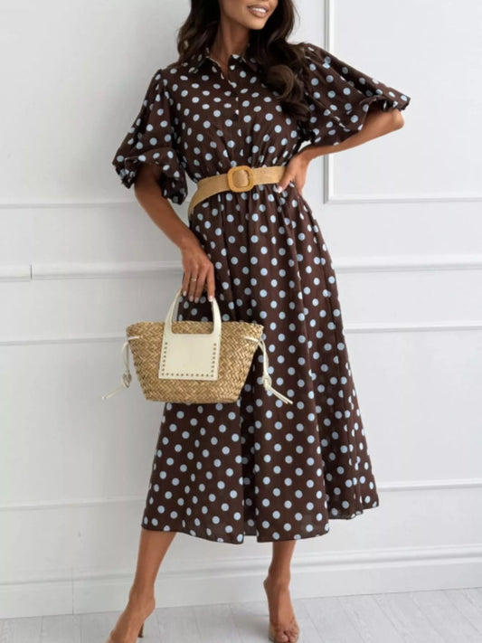 Polka Dot Puff Sleeve Midi Dress in Dark Brown
