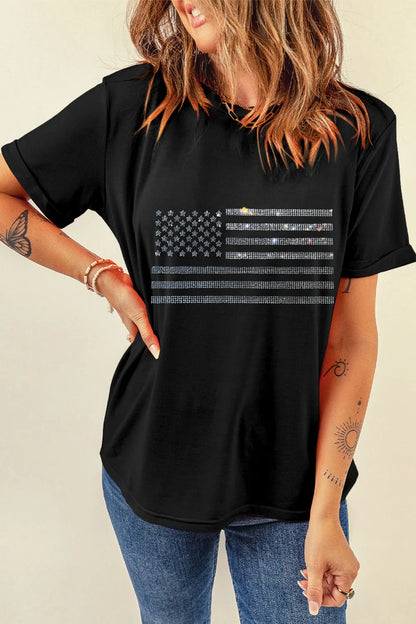 Rhinestone US Flag Round Neck Short Sleeve T-Shirt detail — Livostyle