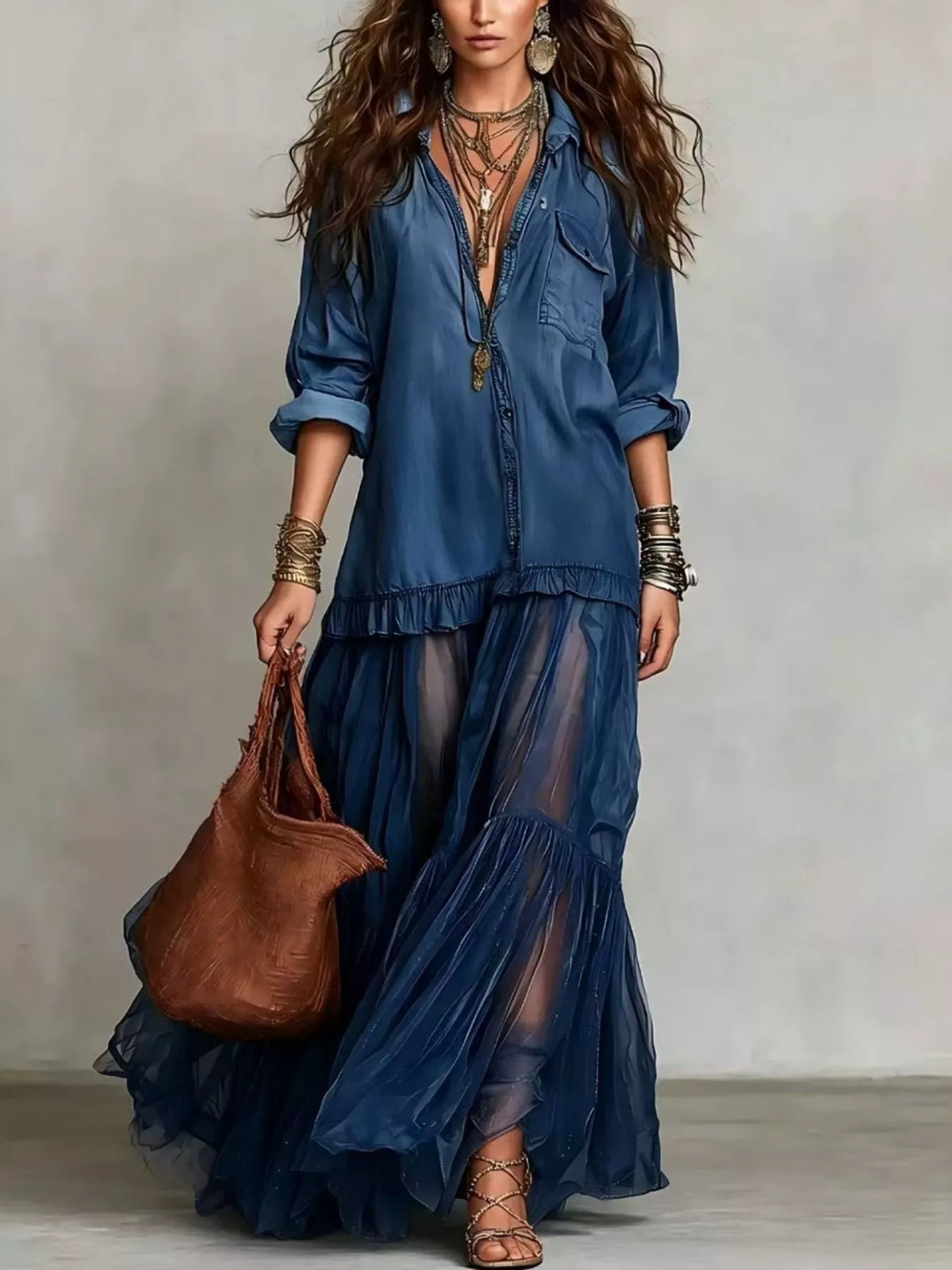 Long Sleeve Sheer Ruffle Maxi Dress in Dark Blue