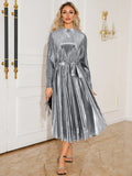 Tie Waist Long Sleeve Midi Dress in Silver
