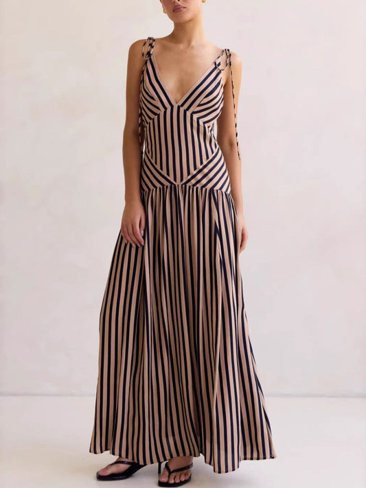 Striped V-Neck Tie-Shoulder Maxi Dress with Zipper