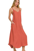 Woven Arc Hem Cami Midi Dress With Flowy Pockets — Livostyle