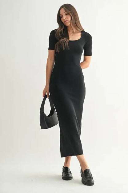 Soft Drape Ribbed Maxi Dress in Black