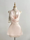 Satin Backless Halter Neck Dress in Pink