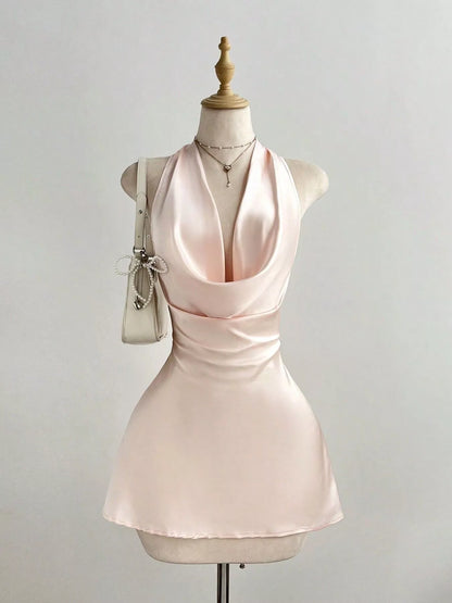 Satin Backless Halter Neck Dress in Pink