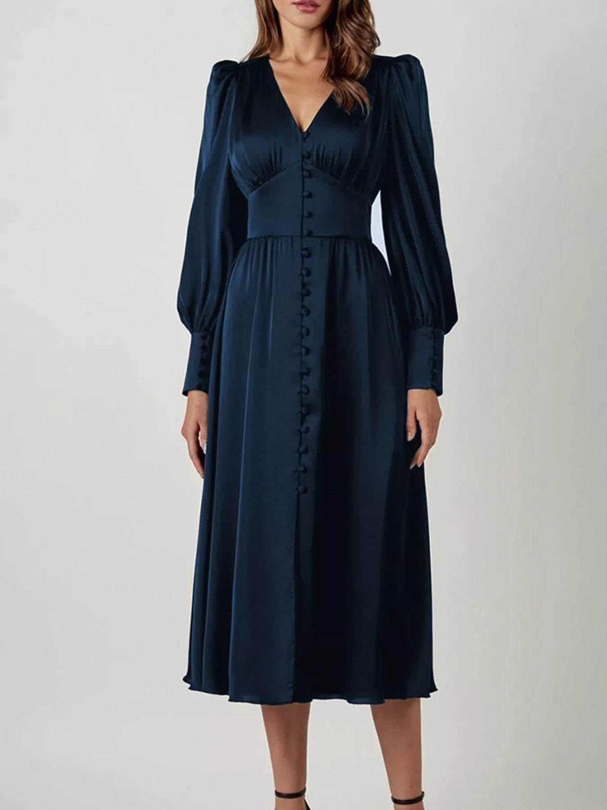 V-Neck Puff Sleeve Button-Down Midi Dress in Dark Blue