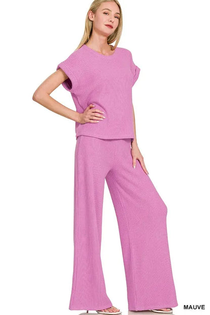 Rolled Sleeve Top and Pants Sweater Set in MAUVE