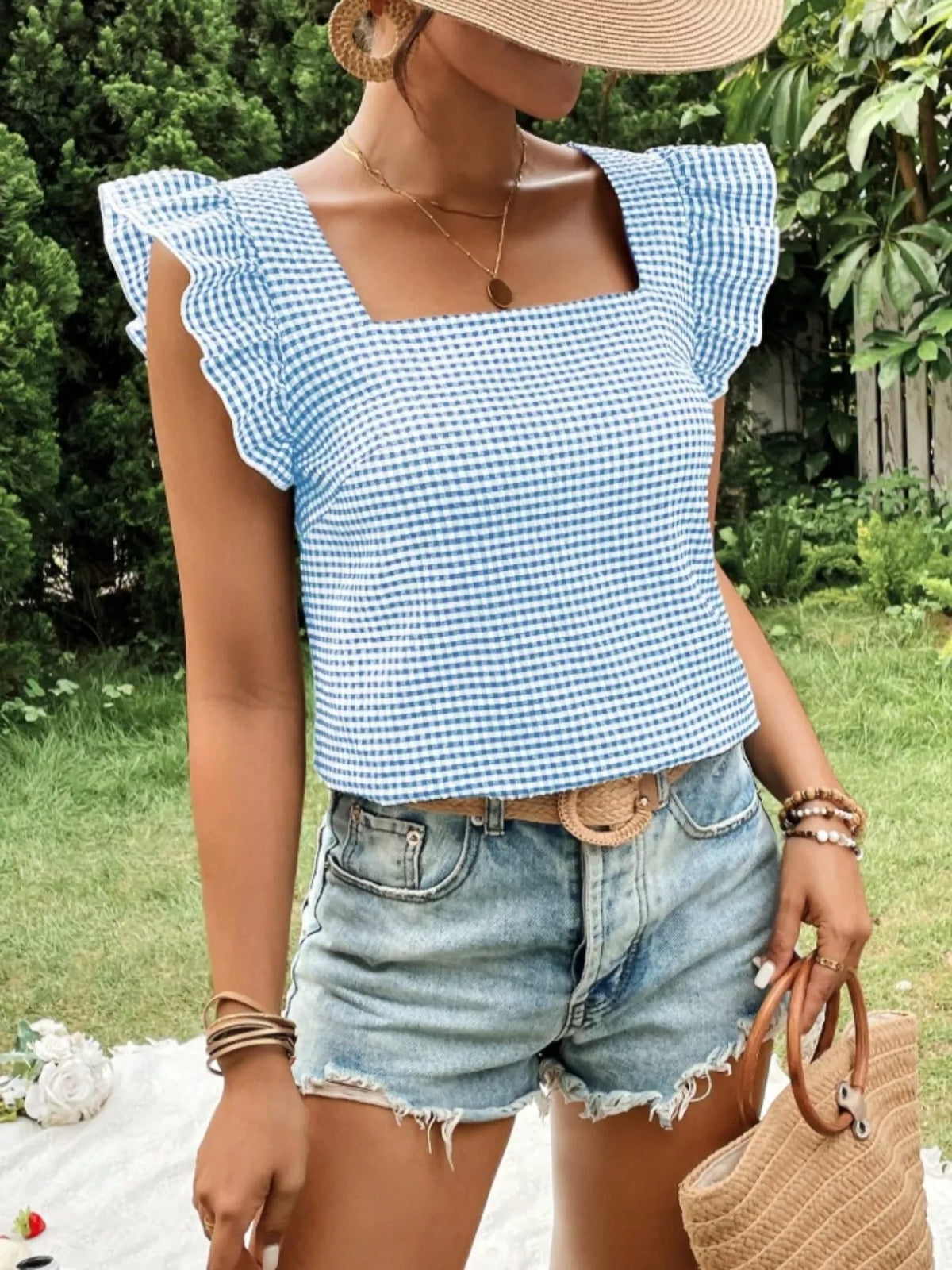Gingham Ruffle Sleeve Square Neck Blouse – photo 14