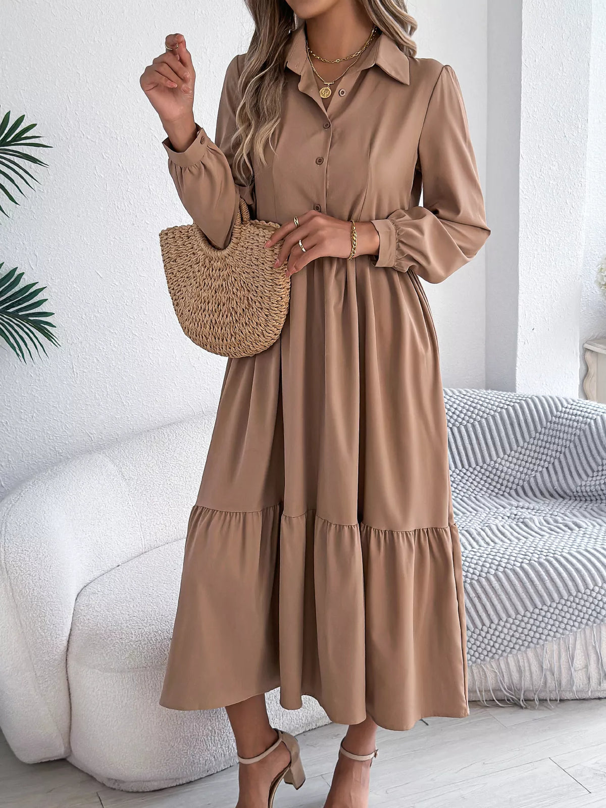 Long Sleeve Tiered Button-Front Midi Dress – photo 19