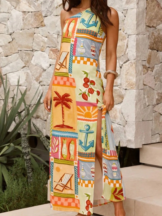 Printed Single Shoulder Maxi Dress with Slit in Sherbet
