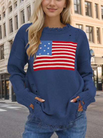 US Flag Distressed Round Neck Long Sleeve Sweater styling — Livostyle