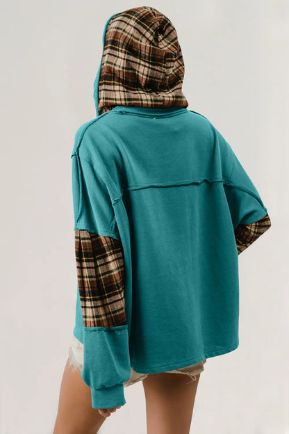 Double Take Drawstring Plaid Star Patch Long Sleeve Hoodie detail — Livostyle