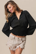 Chic Deep V-Neck Top with Smocked Waist & Puff Sleeves — Livostyle