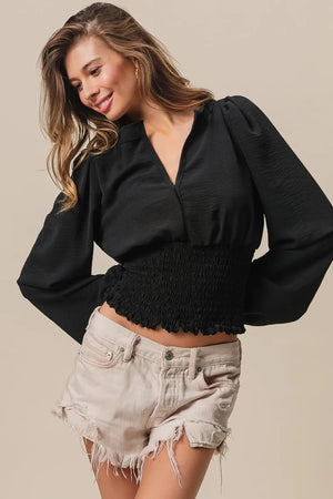 Deep V-Neck Puff Sleeve Top with Smocked Waist
