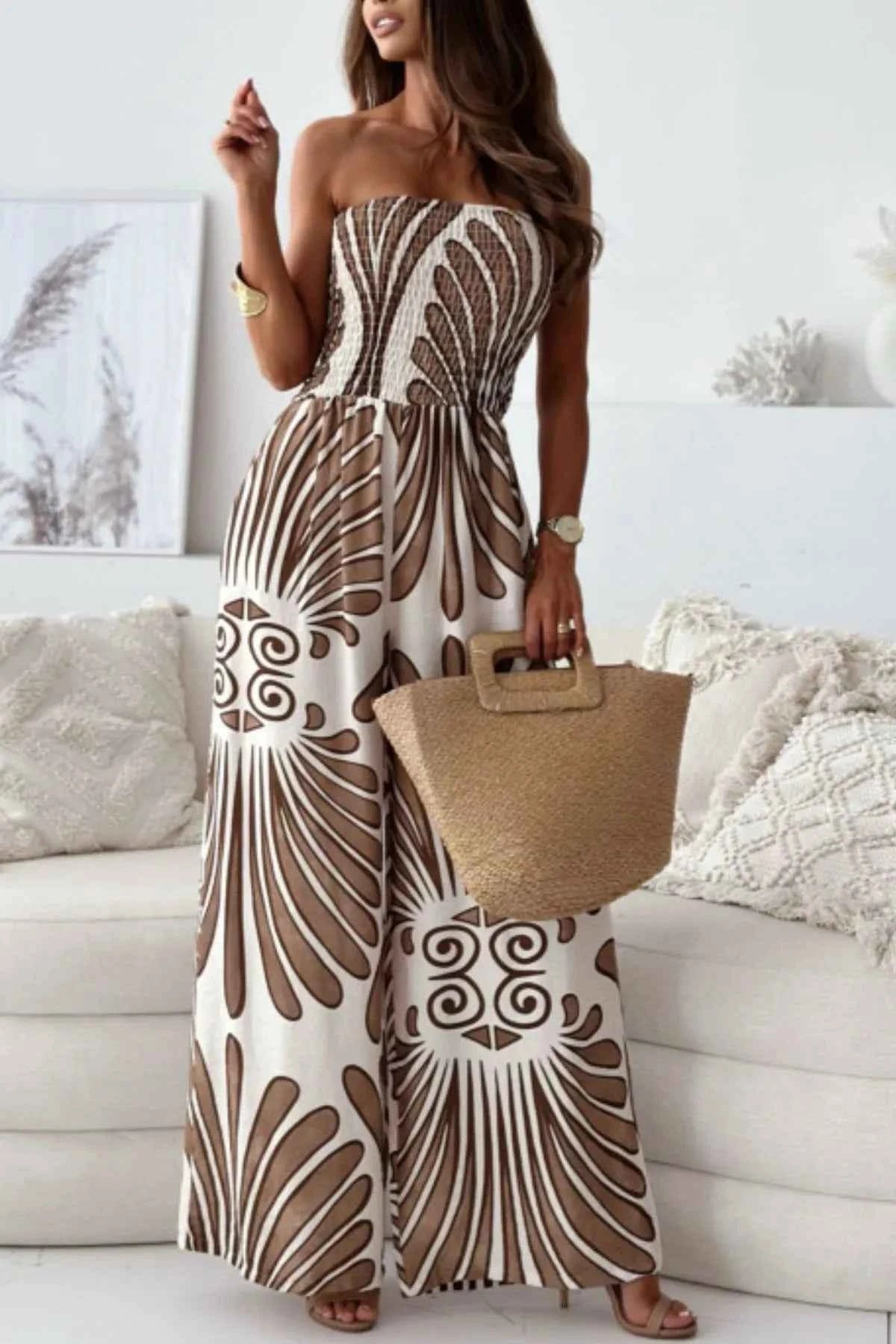Printed Smocked Tube Wide Leg Jumpsuit