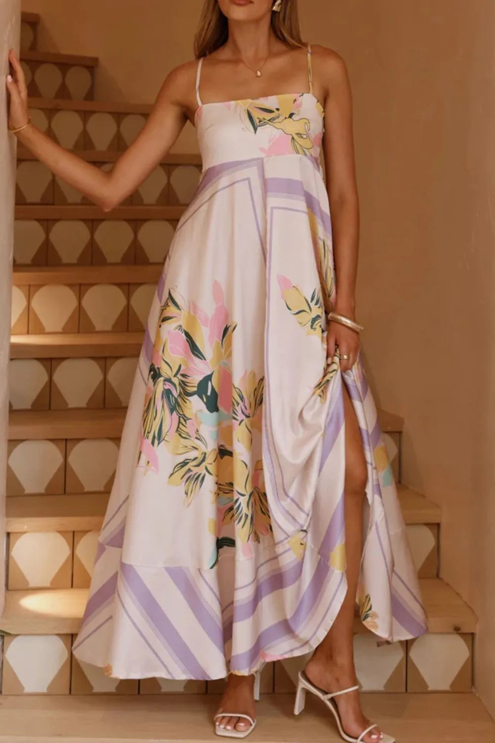 Printed Square Neck Cami Maxi Dress with Slit and Tie – photo 8