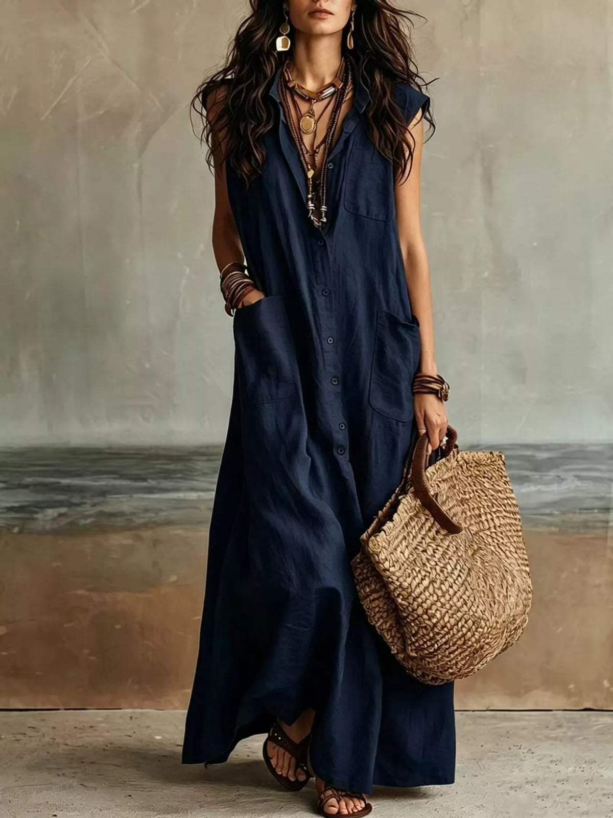 Sleeveless Button-Down Maxi Dress with Pockets in Navy