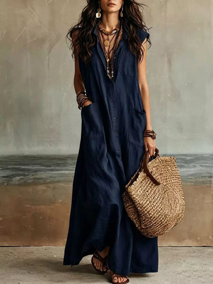 Sleeveless Button-Down Maxi Dress with Pockets in Navy