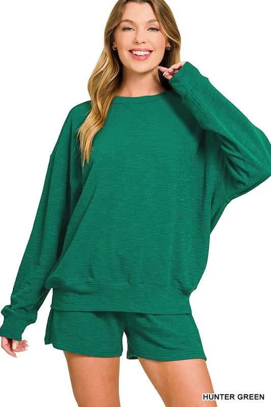 Slub Long Sleeve Top and Shorts Set in Hunter Green — Livostyle