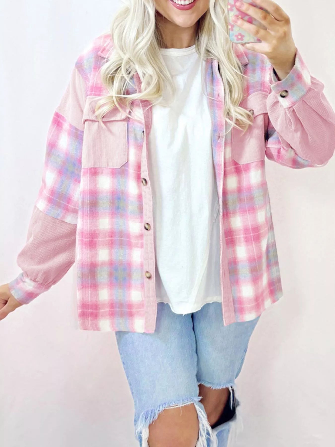 Plaid Button-Up Jacket back view — Livostyle
