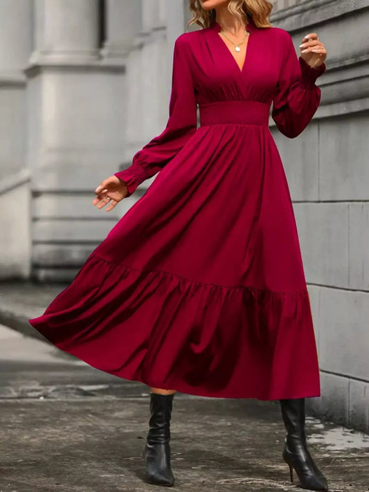 Surplice Tiered Long Sleeve Midi Dress with Ruching