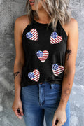 Heart US Flag Round Neck Grecian Neck Tank in Black