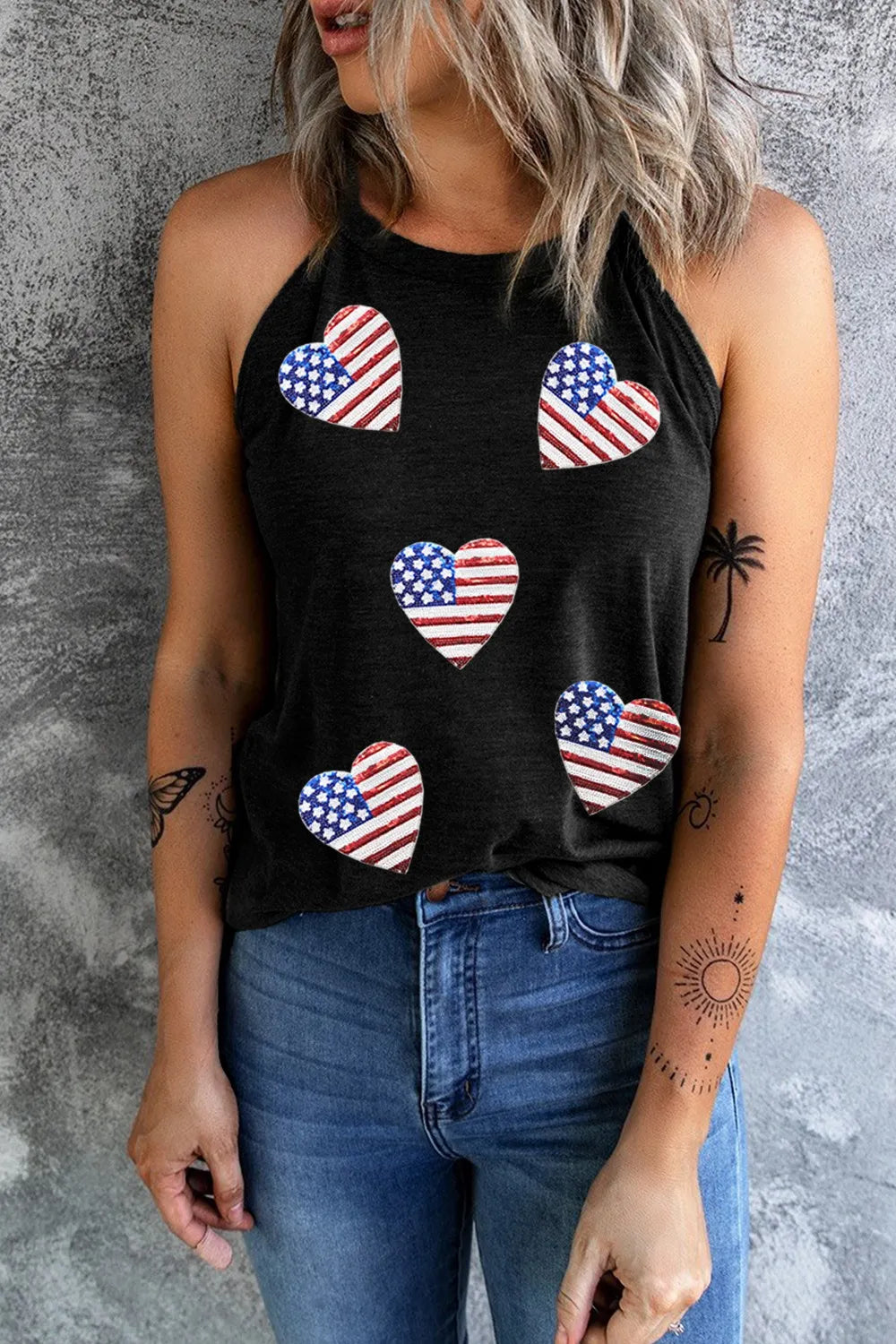Heart US Flag Round Neck Grecian Neck Tank in Black