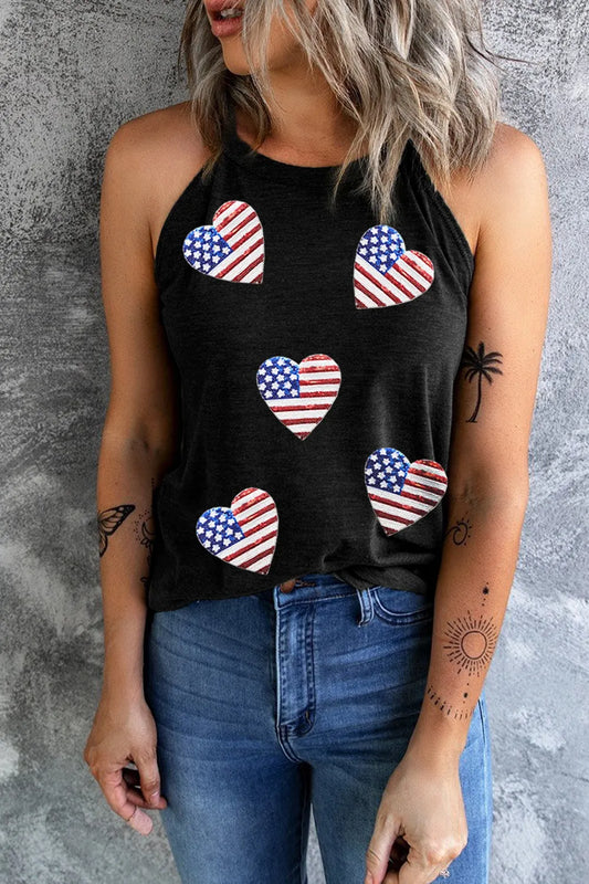 Heart US Flag Sequin Round Neck Tank Top in Black