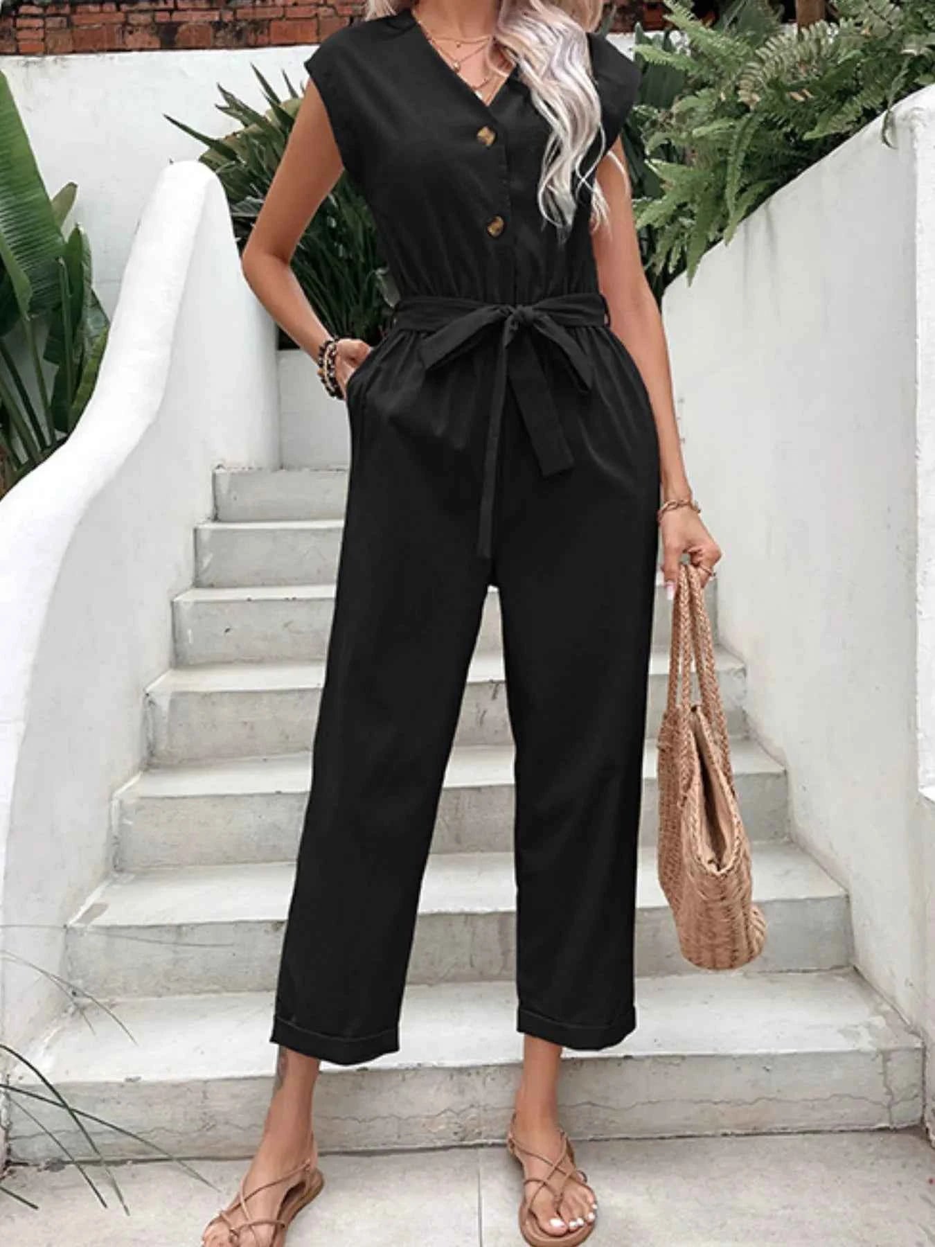 Button-Front Tie Waist Jumpsuit