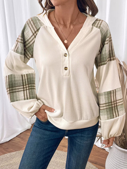 Plaid V-Neck Button Front Sweatshirt closeup — Livostyle