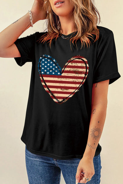 Stars and Stripes Heart Round Neck Short Sleeve T-Shirt back view — Livostyle