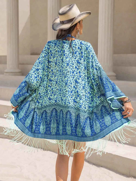 Fringe Printed Open Front Cover-Up
