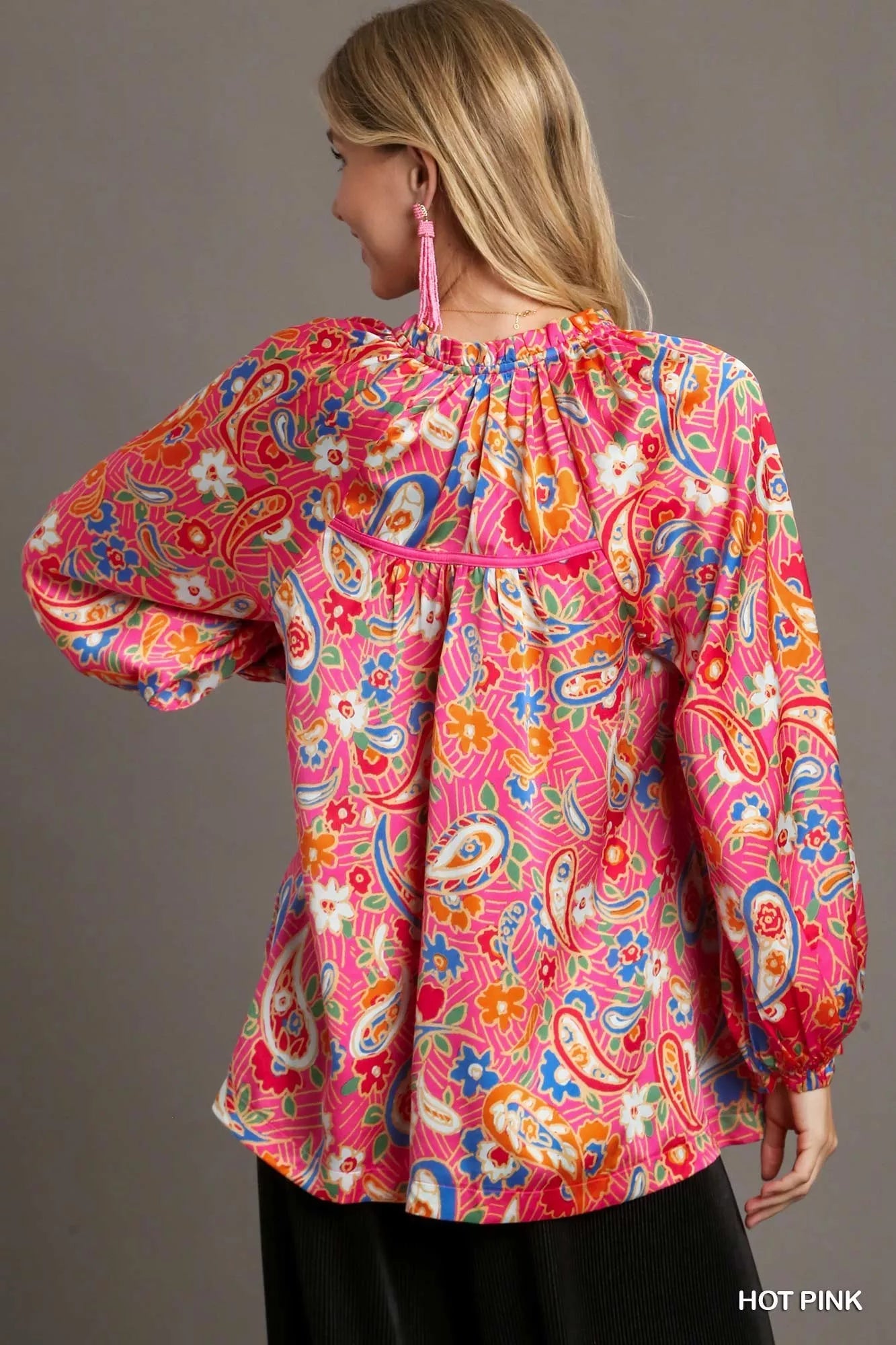 Full Size Satin Paisley Ruffle Neck Button-Up Shirt Plus Size styling — Livostyle