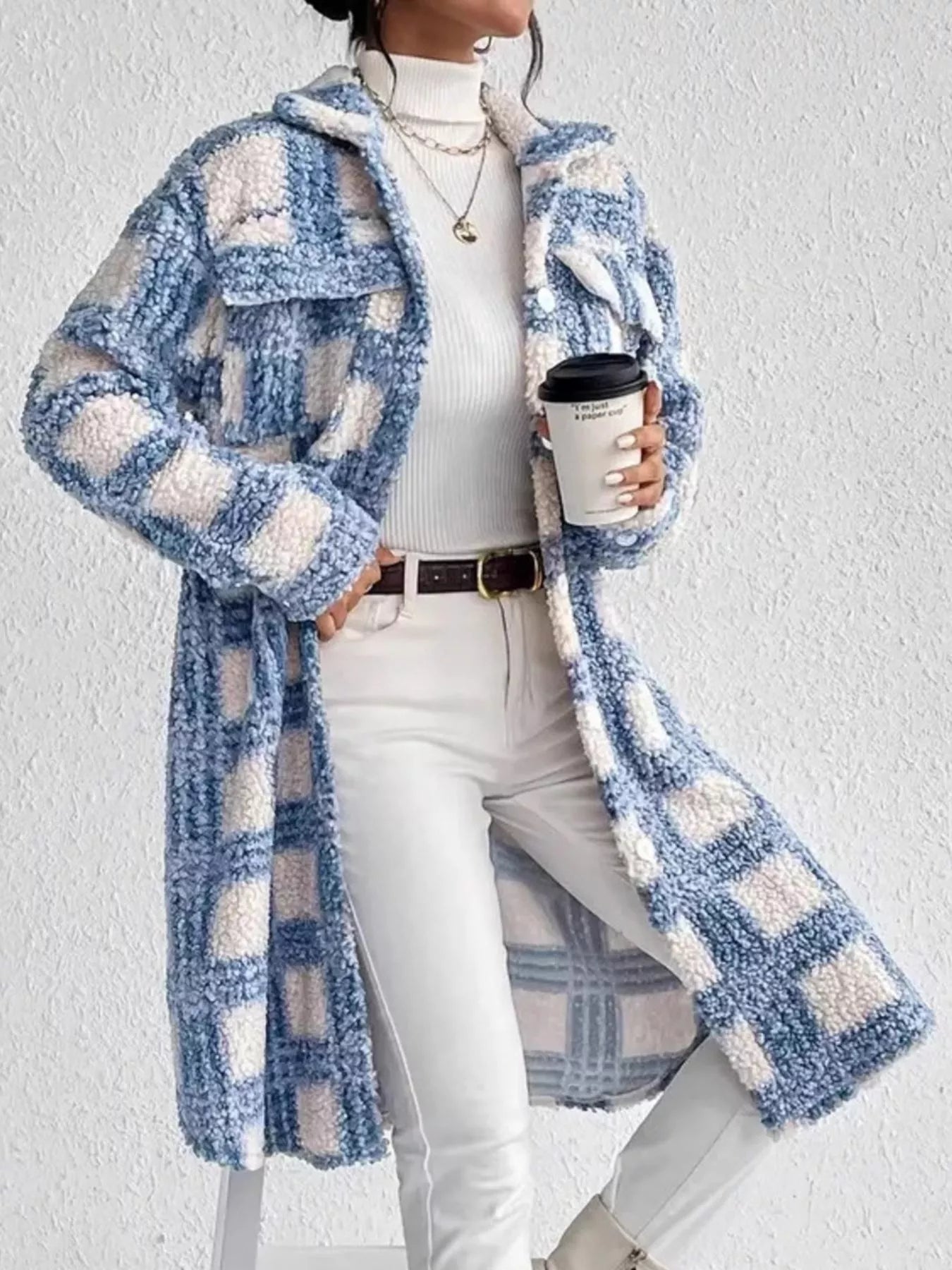 Plaid Button Up Long Sleeve Fleece Coat detail — Livostyle