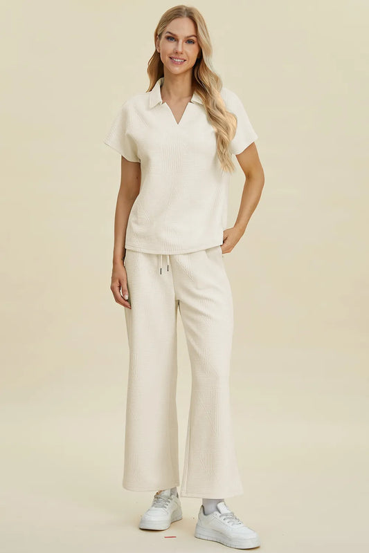 Collared Neck Short Sleeve Top and Pants Set — Livostyle