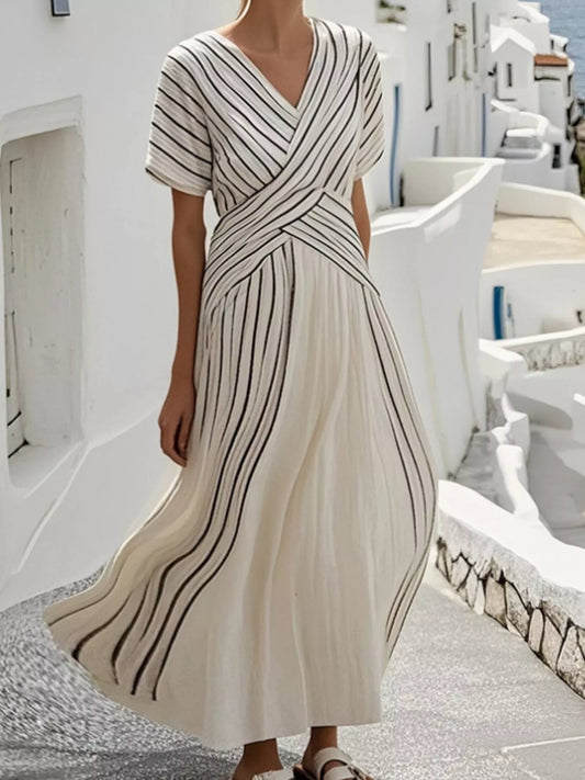 Striped Short Sleeve Wrap Maxi Dress with Pockets – Plus Size in Beige