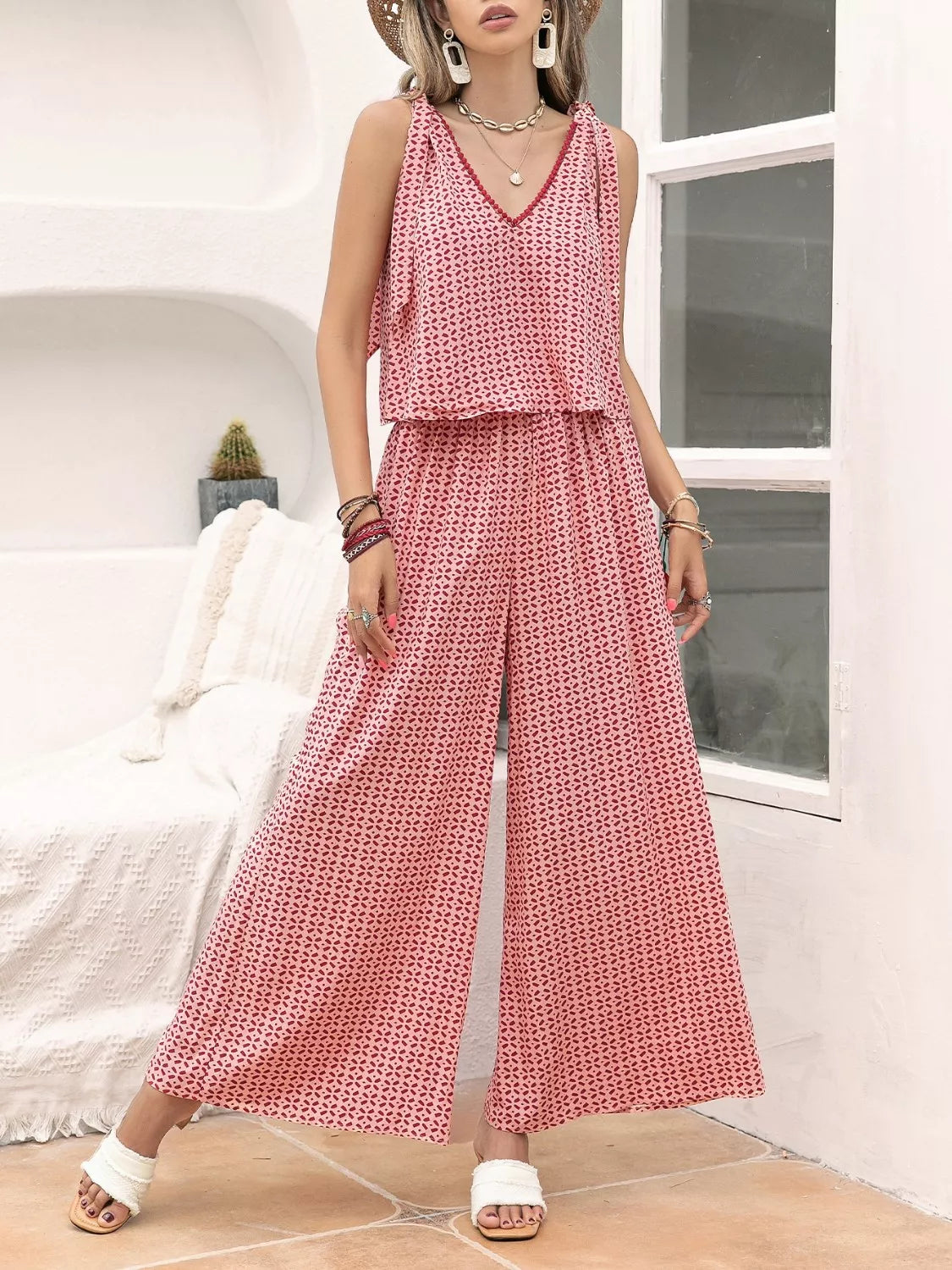 Gingham Tie Shoulder Top and Pants Set — Livostyle