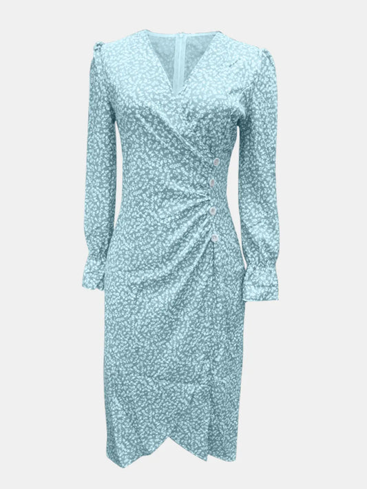 Printed Surplice Long Sleeve Midi Dress with Ruffles