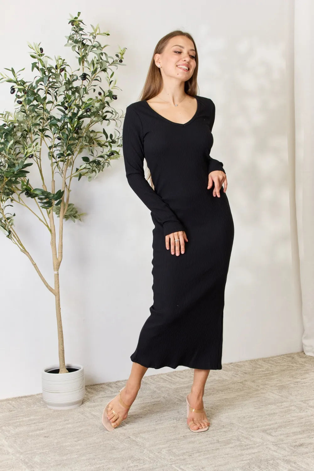 Ribbed Long Sleeve Midi Slit Dress – photo 5