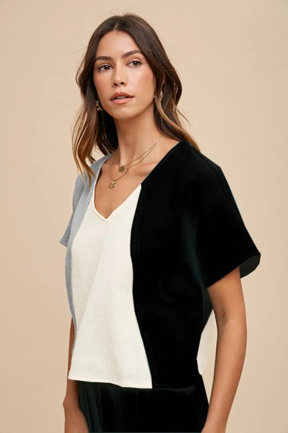 Stylish V-Neck Cotton Gauze Top with Color Block Design — Livostyle